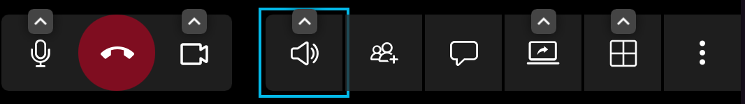 A screenshot of the same call action bar during a call but selected using keyboard focus. Their is a blue outline around the Speaker button, indicating focus.